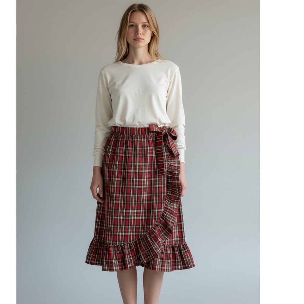 Handmade Red Plaid Ruffle Wrap Midi Skirt Tartan Holiday Festive A-Line